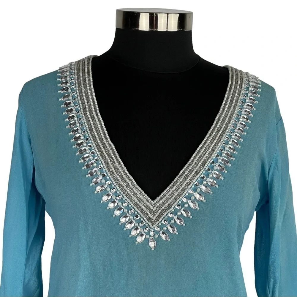 TAJ BY SABRINA CRIPPA SHEER BEADED SILK V-NECK TUNIC SWIM COVER UP - Picture 5 of 14